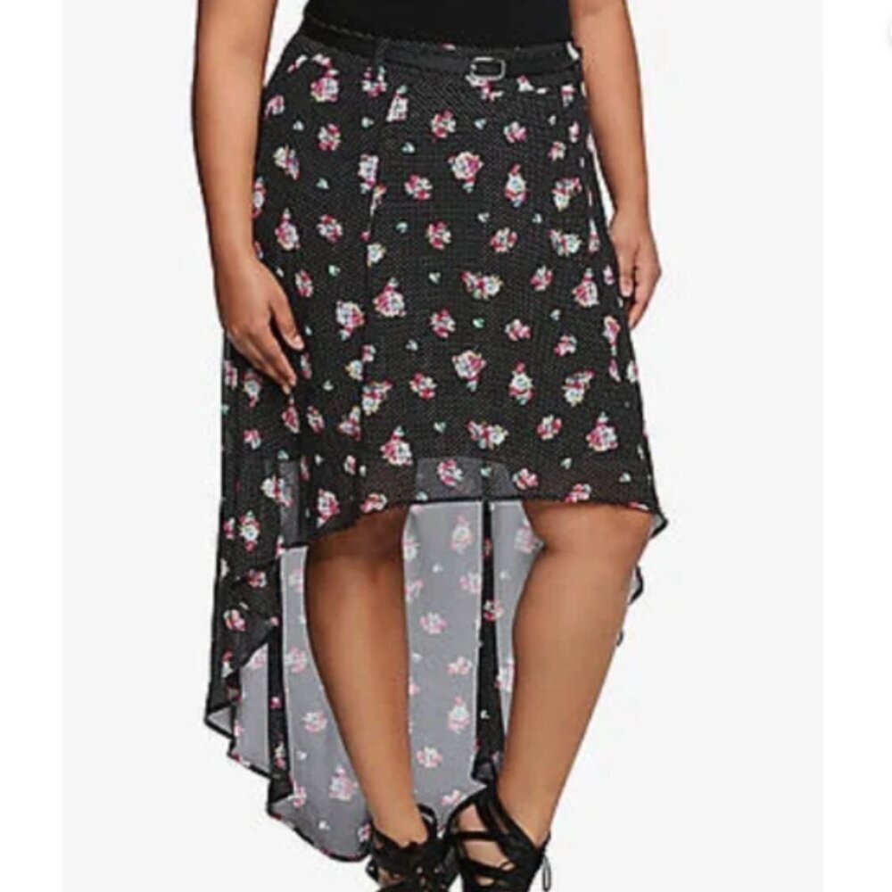 Torrid Hi Low Floral Skirt Womens Size 16 Black White Polka‎ Dot Sheer Pink